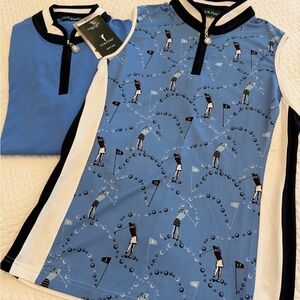 NWT Golfino Blue and White sleeveless Zip polo and matching quarter zip set.